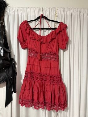 Free People Red Off-Shoulder Lace Trim Dress